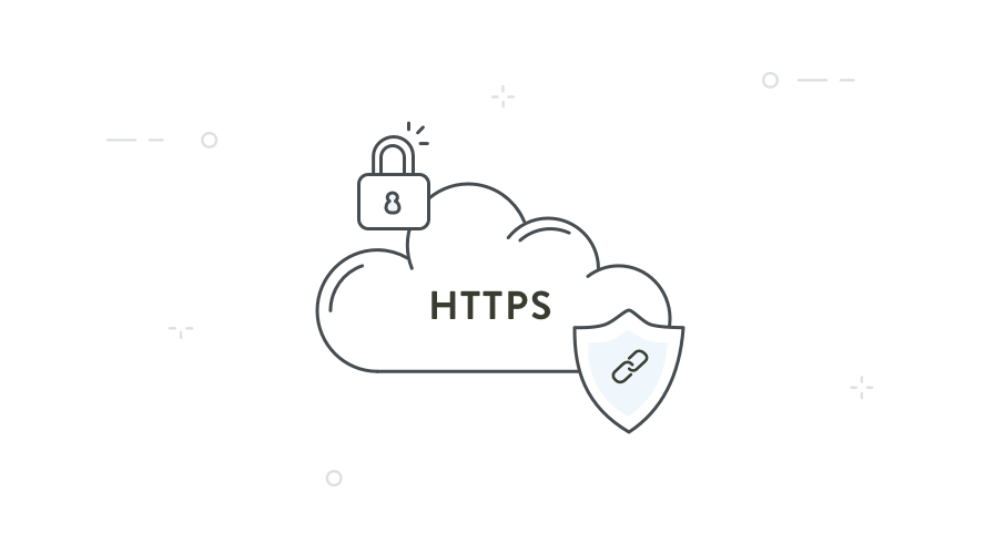 Padlock and shield over a cloud that has https written in the center