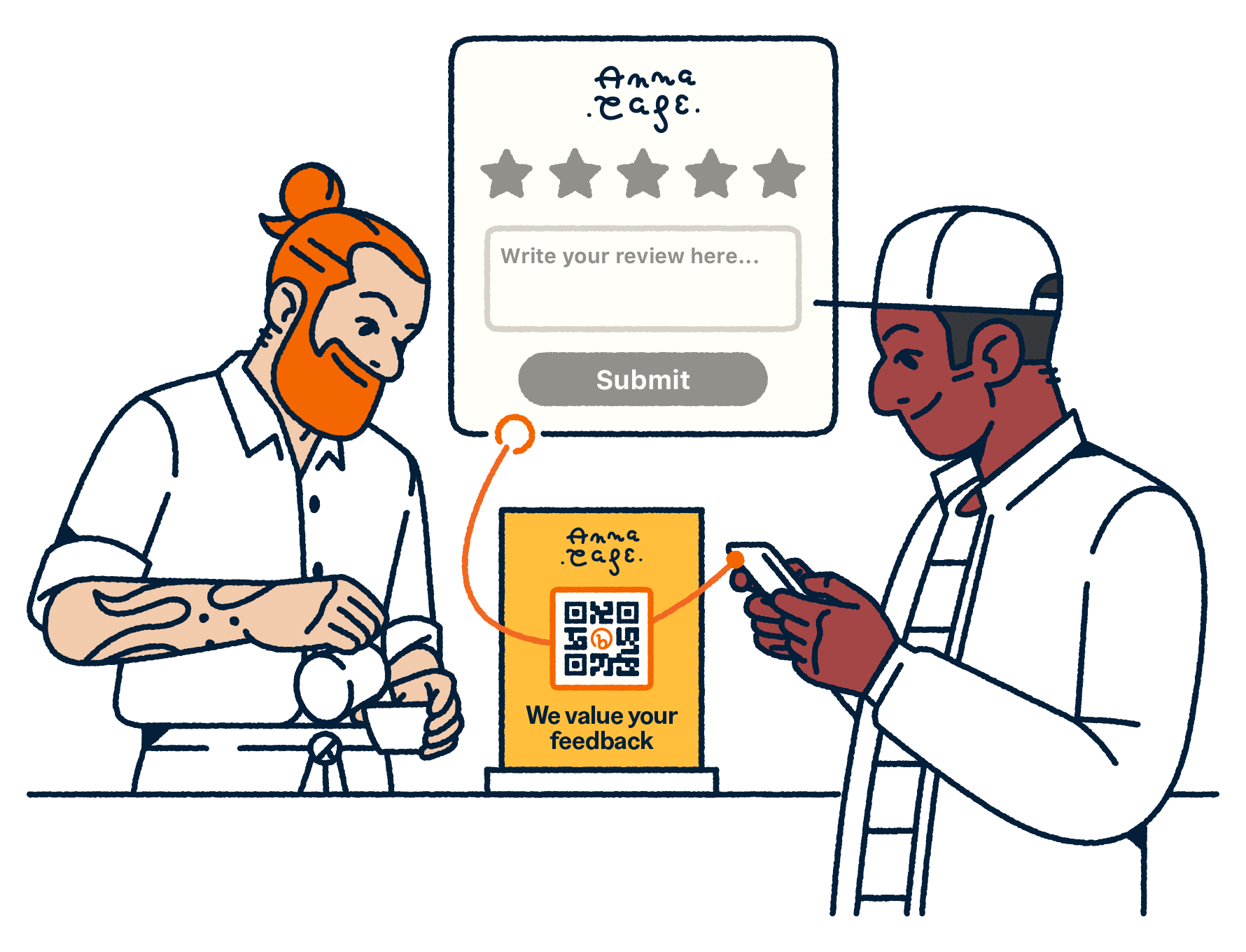Barista making coffee and a customer scanning a QR code to leave a review of the cafe.