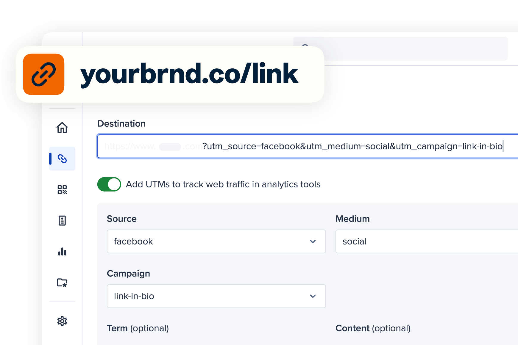 User interface in Bitly with the Destination box containing a link with UTM parameters
