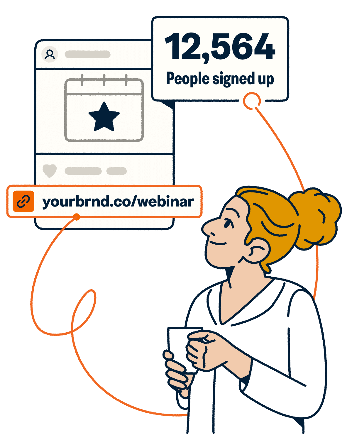 Woman holding coffee cup and a short link for a webinar