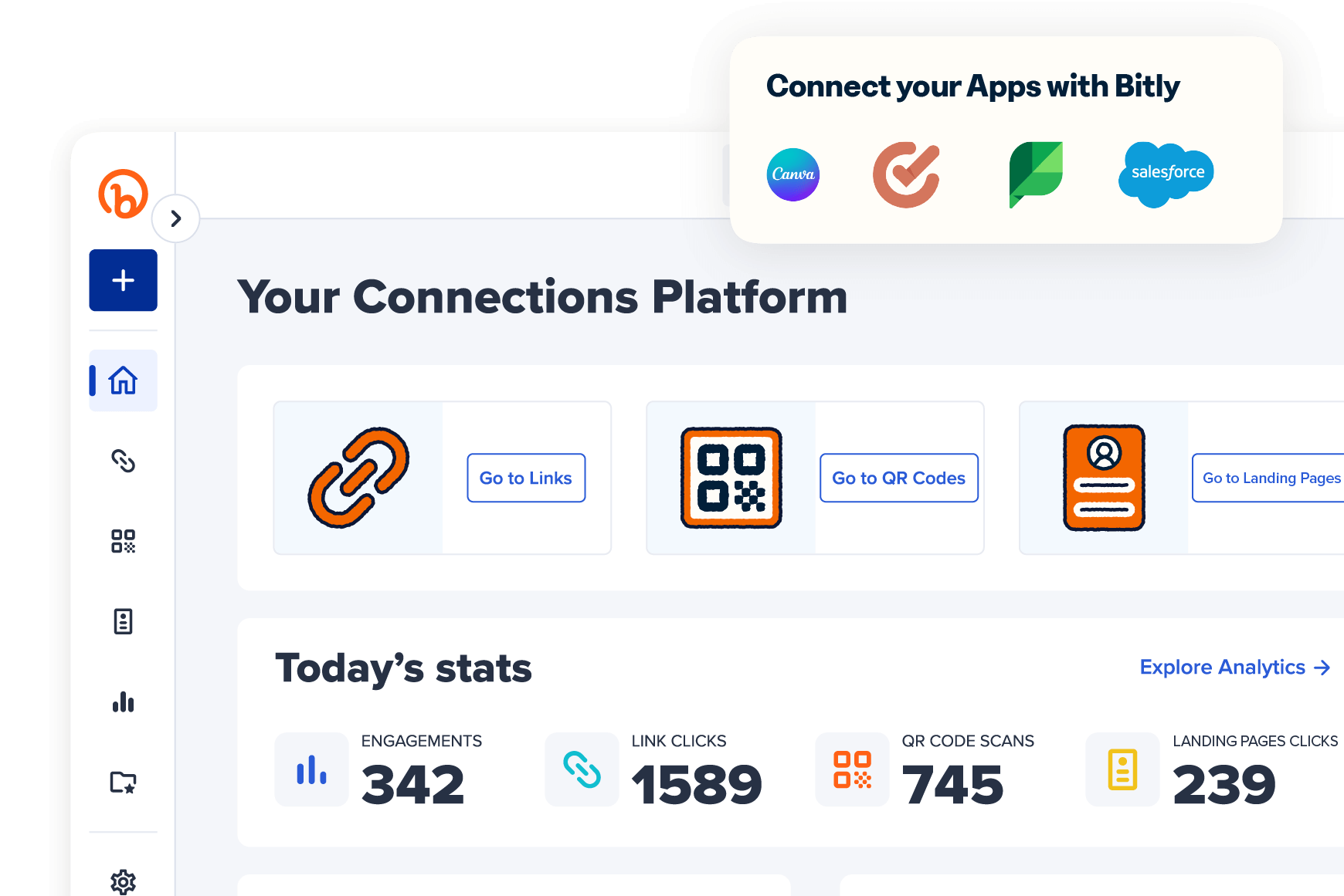 Bitly dashboard with a callout for connecting apps to Bitly