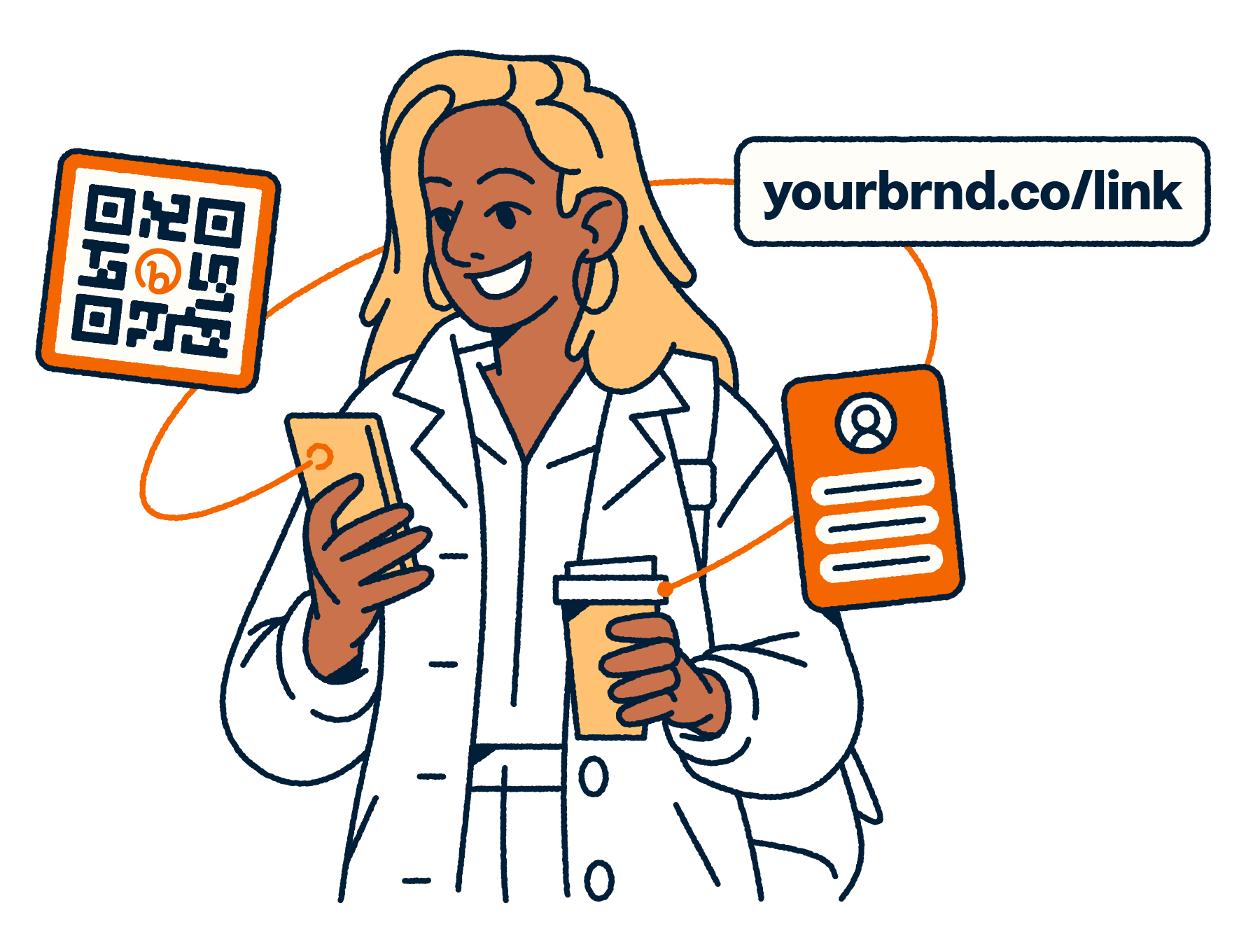 Illustration of a woman with a cup of coffee, looking at her phone.