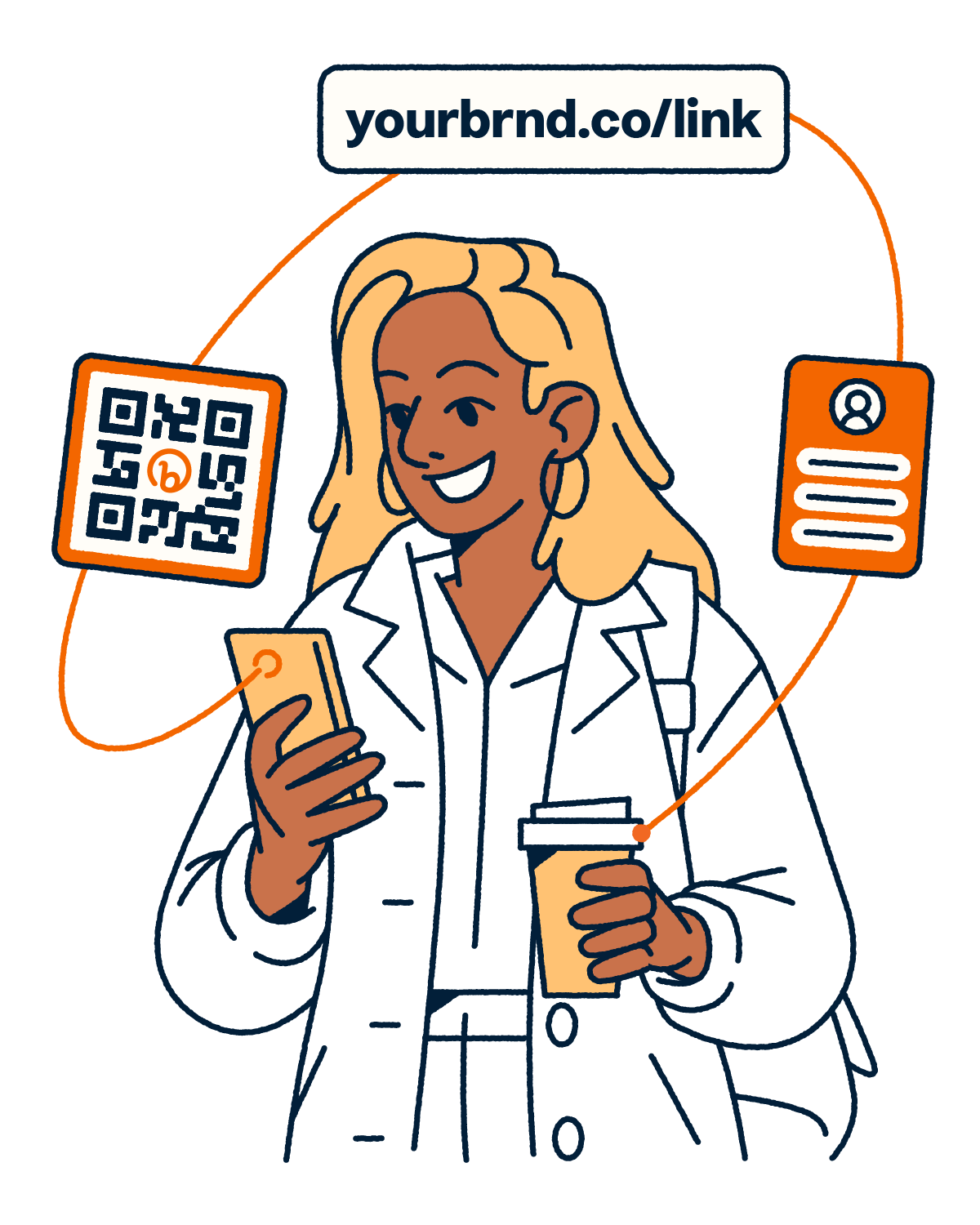 Illustration of a woman with a cup of coffee, looking at her phone.