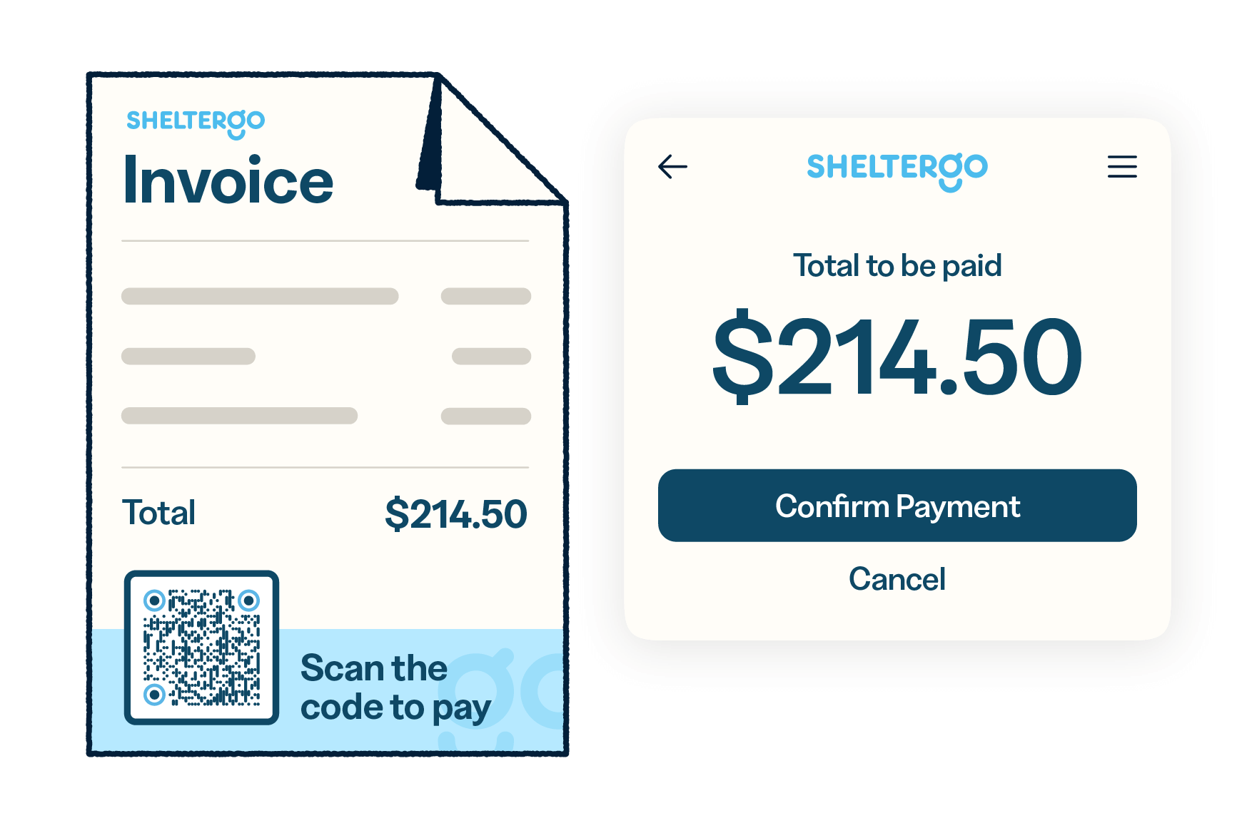 An invoice with a QR Code at the bottom and a confirm payment page