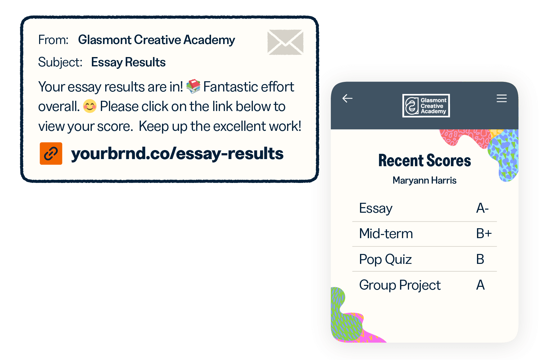 Email from an educational institution with a short link to access essay results and the recent scores landing page for a student