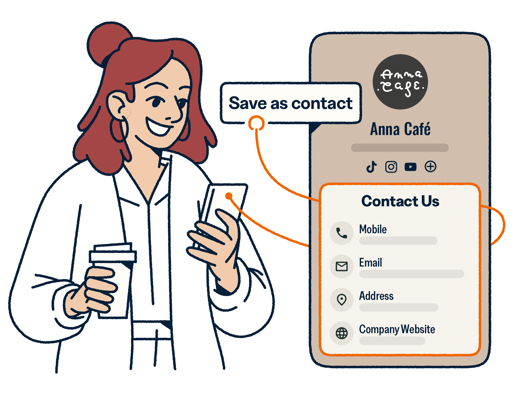 Woman drinking coffee and saving a Bitly digital business card on her phone.