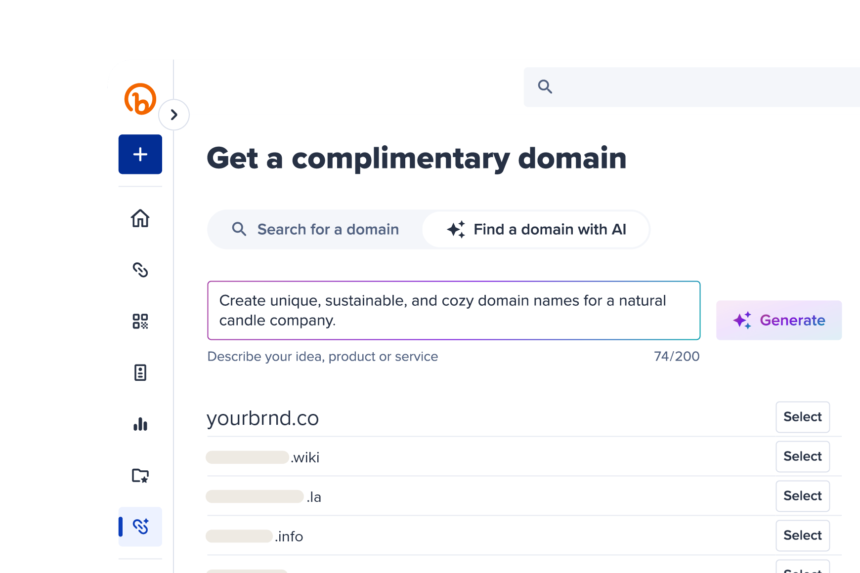 Product screenshot of Bitly find a domain with AI tool
